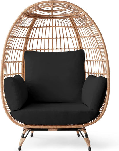 Best Choice Products Wicker Egg Chair Oversized Indoor Outdoor Lounger For Patio Backyard Living Room W/4 Cushions Steel Frame 440lb Capacity- Ivory