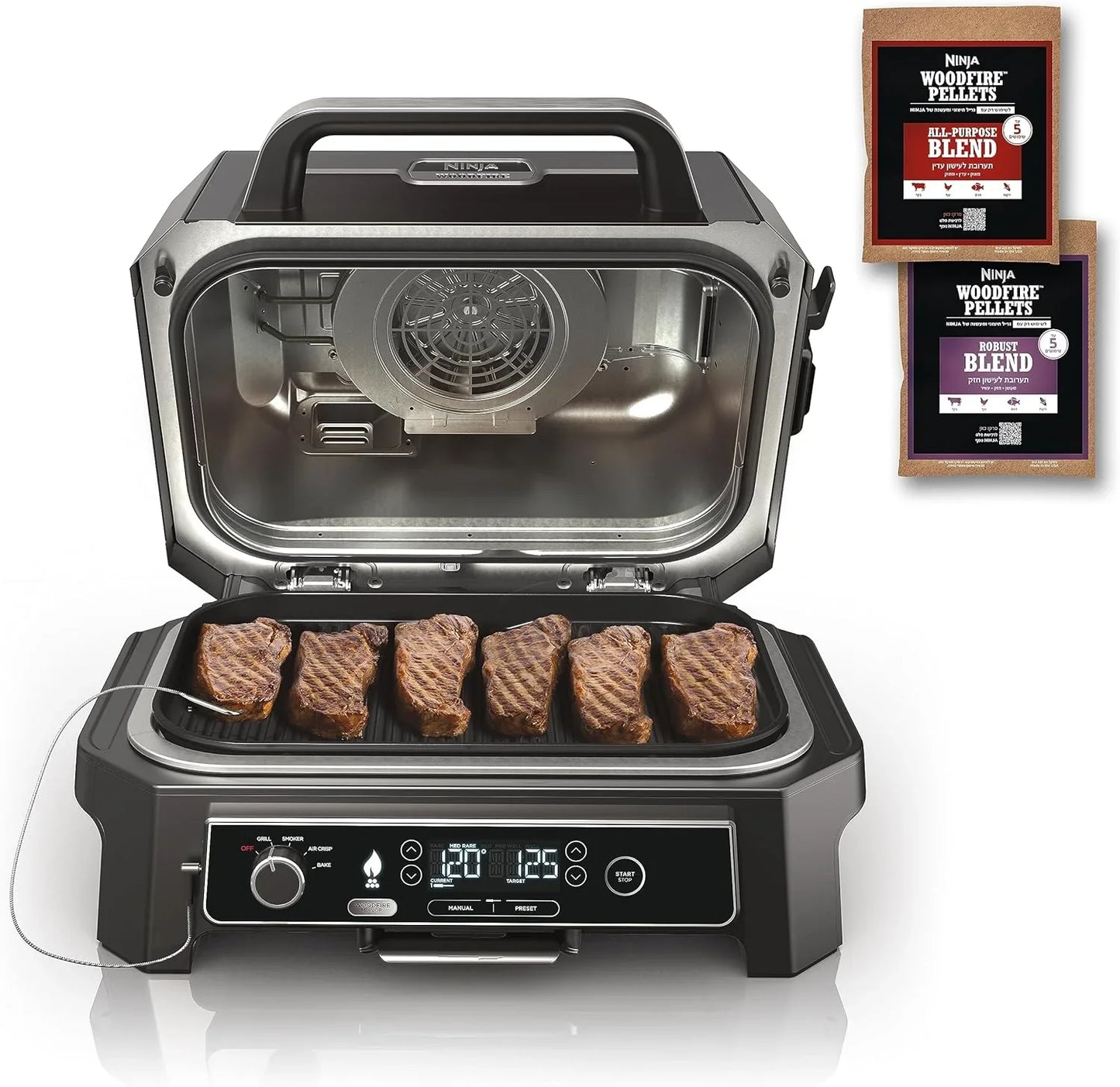 7-in-1 Grill And Smoker With Thermometer, Air Fryer, Bbq, Bake, Roast, Broil- Portable Electric Outdoor Grill, Grey
