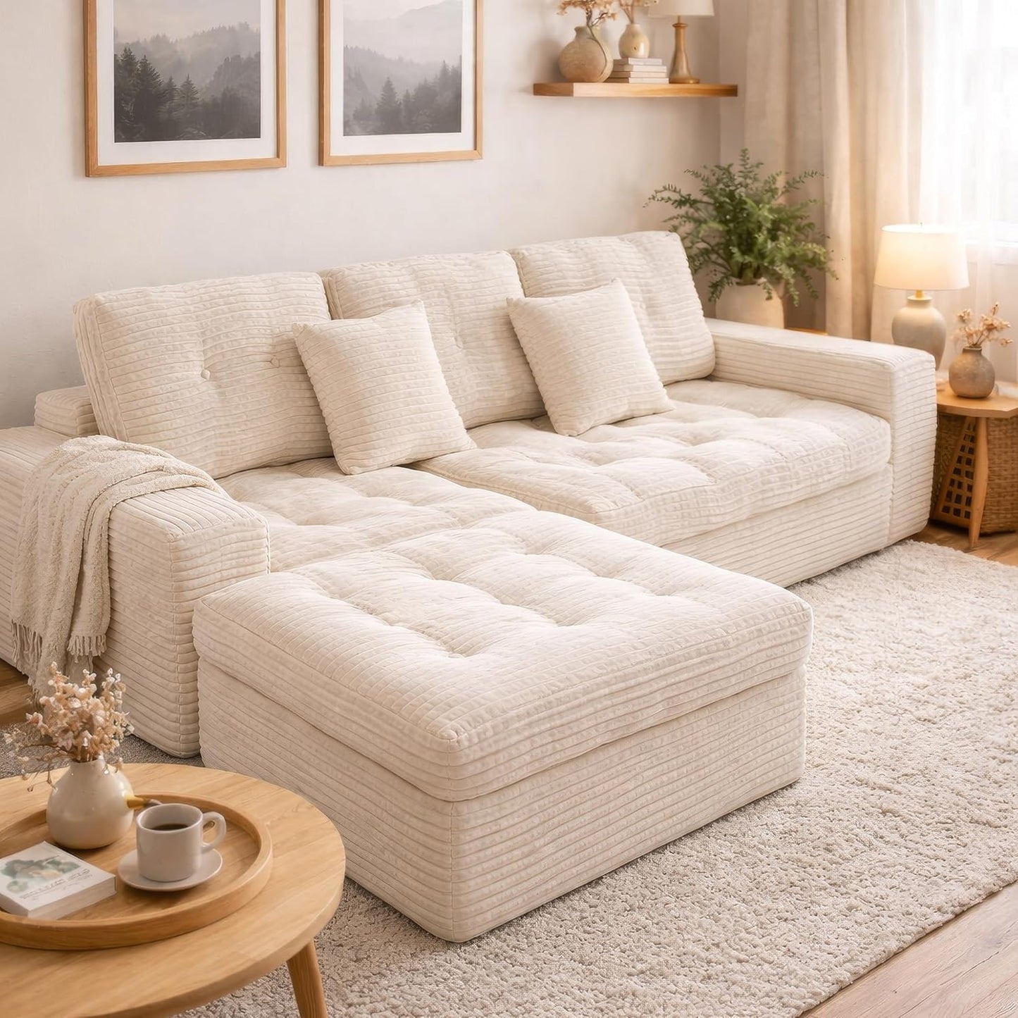 135 In. Oversized Compressed Sectional Sofa- 33D High-Density Foam Cloud Couch With Deep Seat- Minimalist 3-Piece Corduroy Upholstered Boneless
