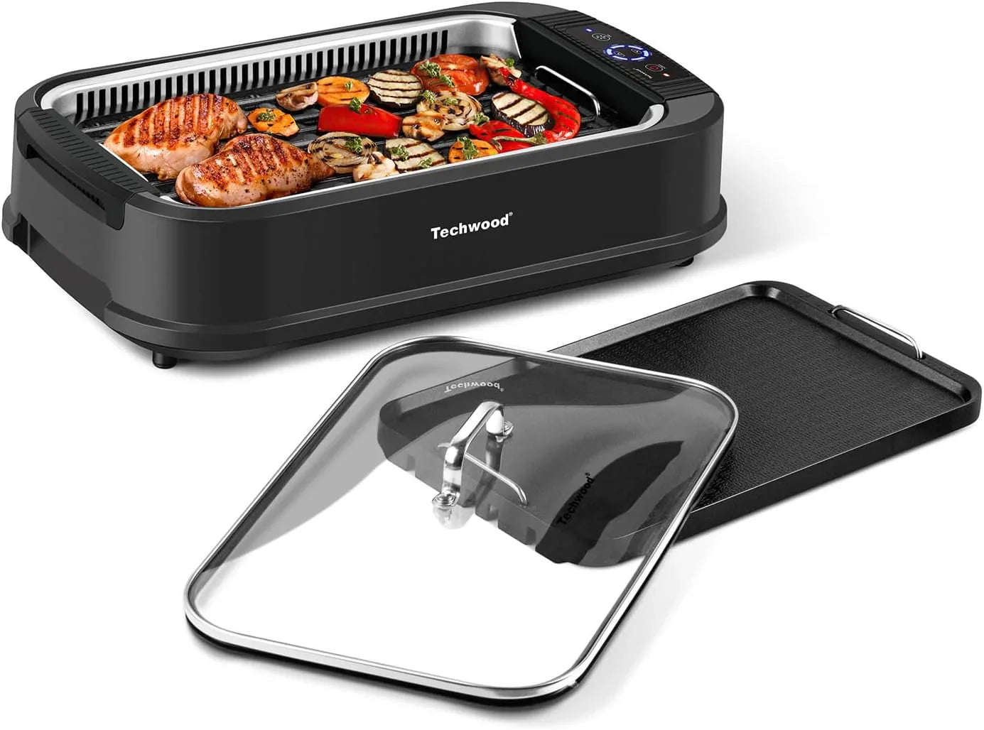 Indoor Grill, Techwood 1500W Smokeless Electric Grill With Tempered Glass Lid, Compact And Portable Non-Stick Bbq Grill With 6-Level Control
