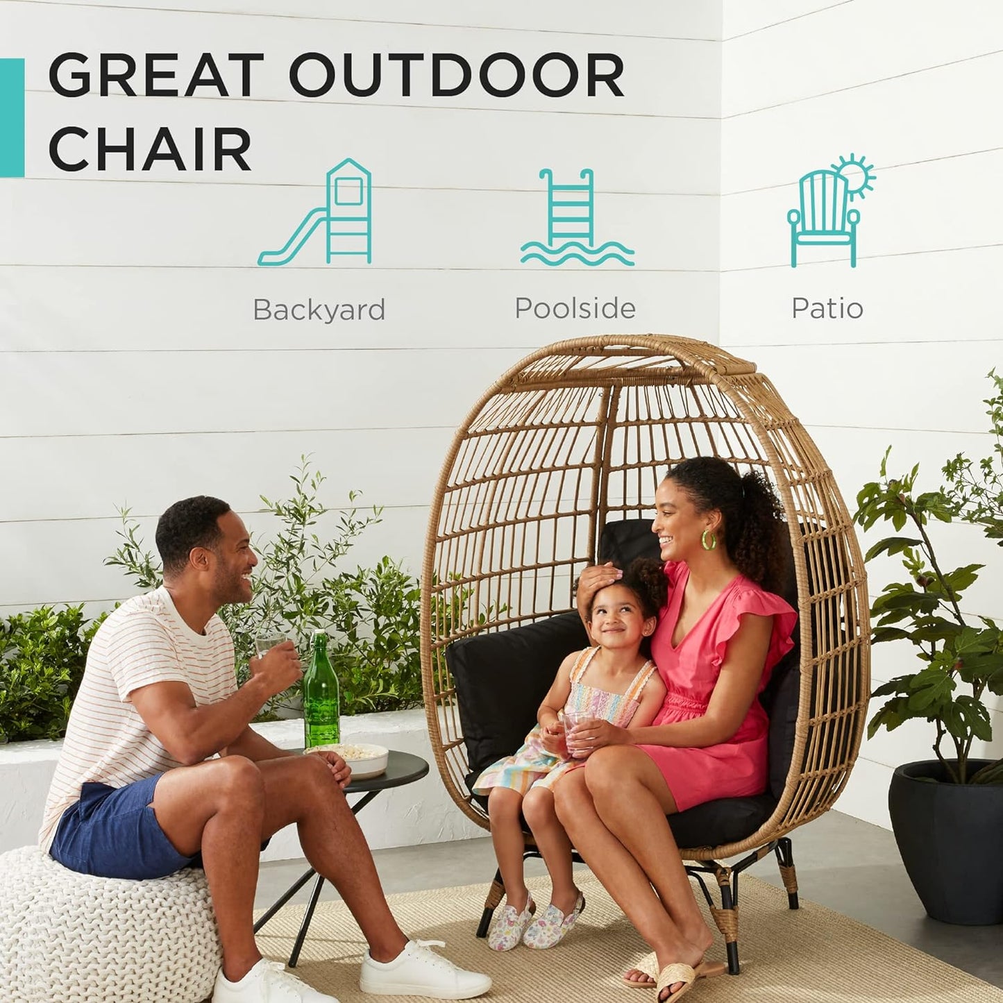 Best Choice Products Wicker Egg Chair Oversized Indoor Outdoor Lounger For Patio Backyard Living Room W/4 Cushions Steel Frame 440lb Capacity- Ivory
