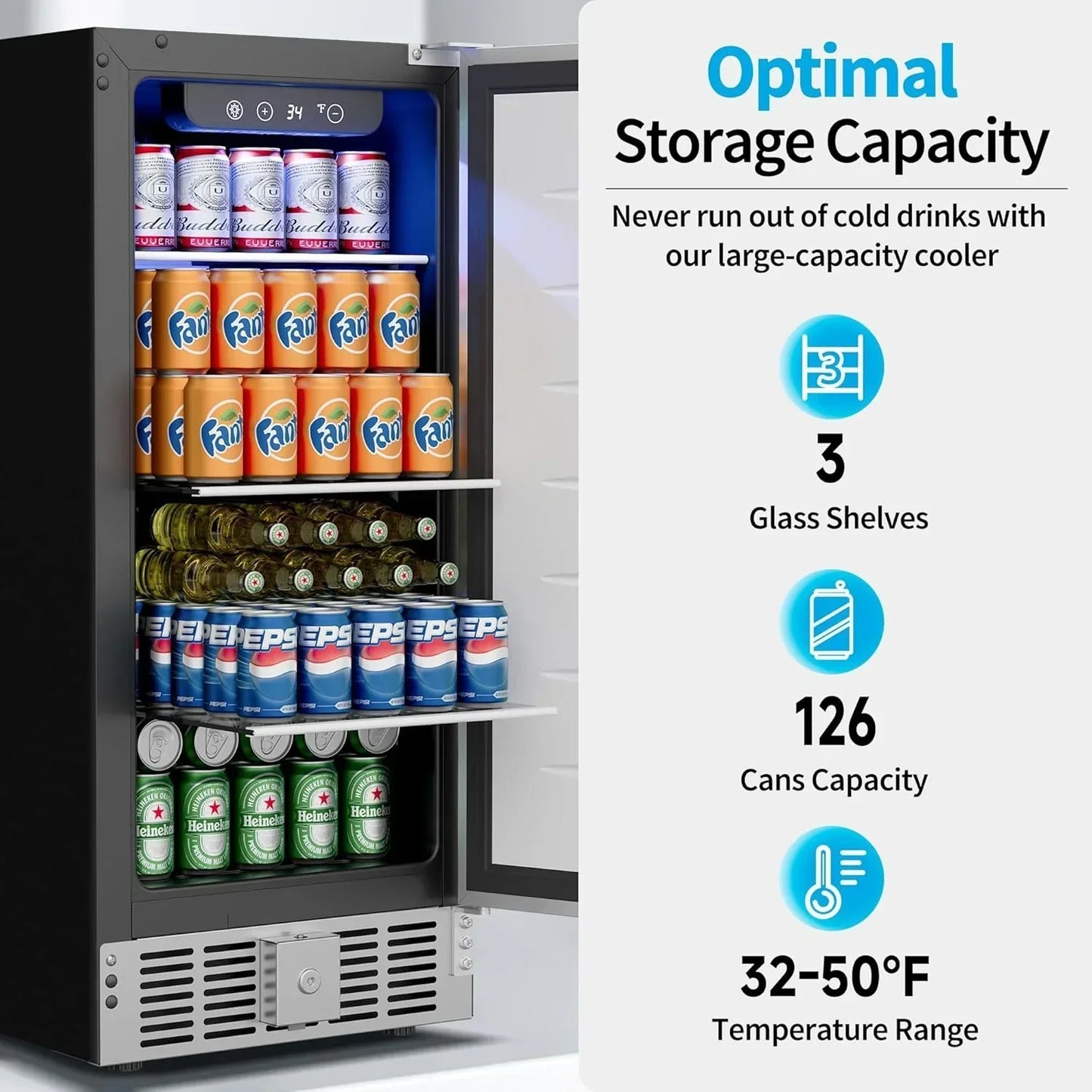 Beverage Refrigerator Cooler 126 Can Mini Fridge Glass Door For Drinks Soda Beer Wine Refrigerator
