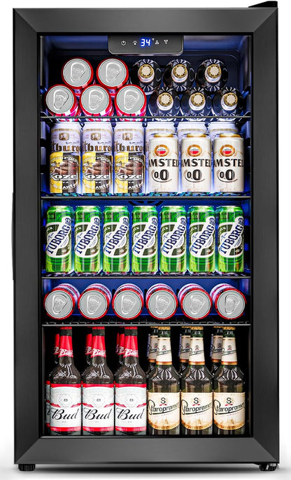 Beverage Refrigerator Cooler 126 Can Mini Fridge Glass Door For Drinks Soda Beer Wine Refrigerator