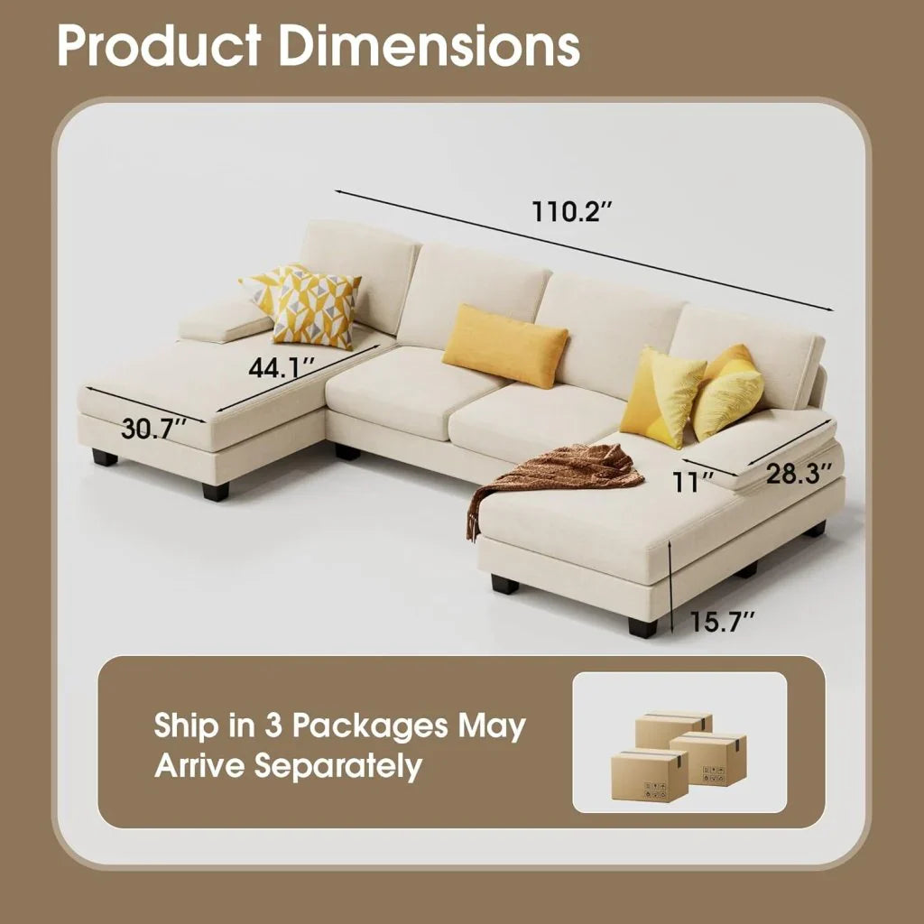 Furmax Sectional Couches For Living Room, U-Shaped Sofa Couch With Linen Fabric, 4 Seat Sofa Set With Double Chaise For Apartment, Fabric, Grey