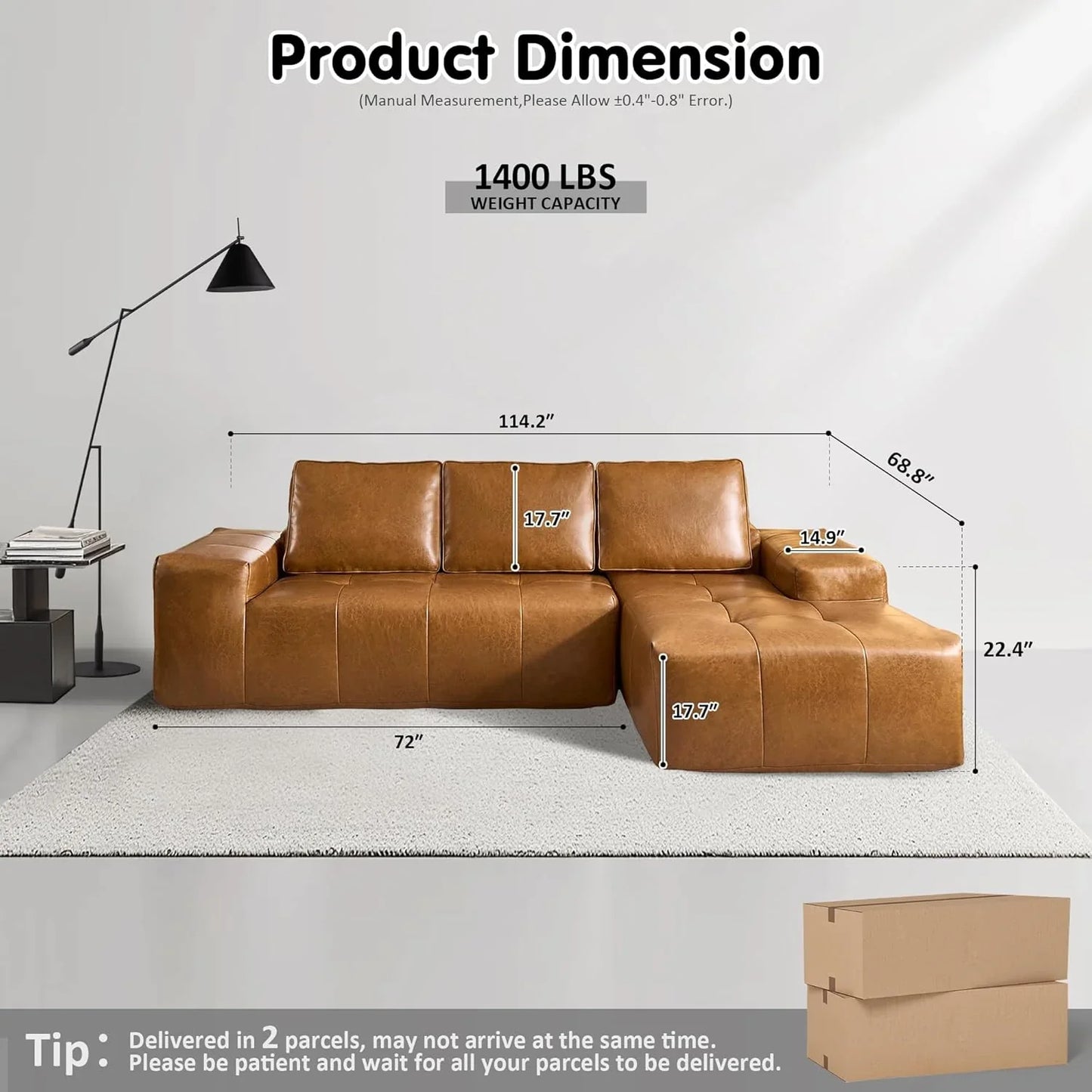 Ovios 104 In. Cloud Sectional Couch With L-Shape Chaise, Modern Modular Sofa With Deep Seat, Upholstered Couches For Living Room Bedroom