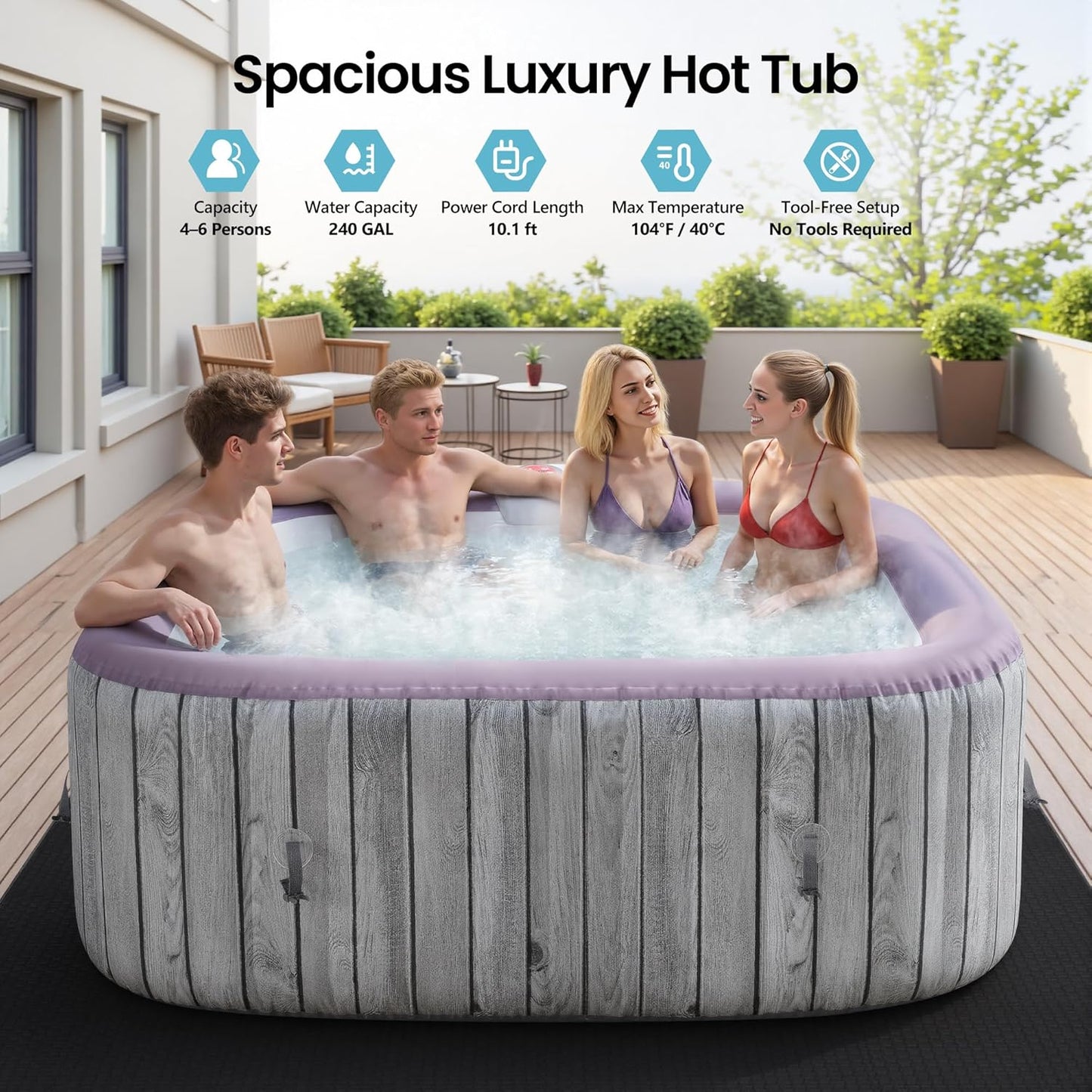 4-6 Person Inflatable Hot Tub, Portable Outdoor Spa With 130 Air Jets, Circulation Heating