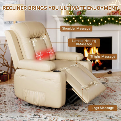 PU Leather Power Lift Recliner Chair With Massage And Heat, Adjustable Furniture For Back, Legs W/3 Positions, USB Port, Side Pocket, Beige