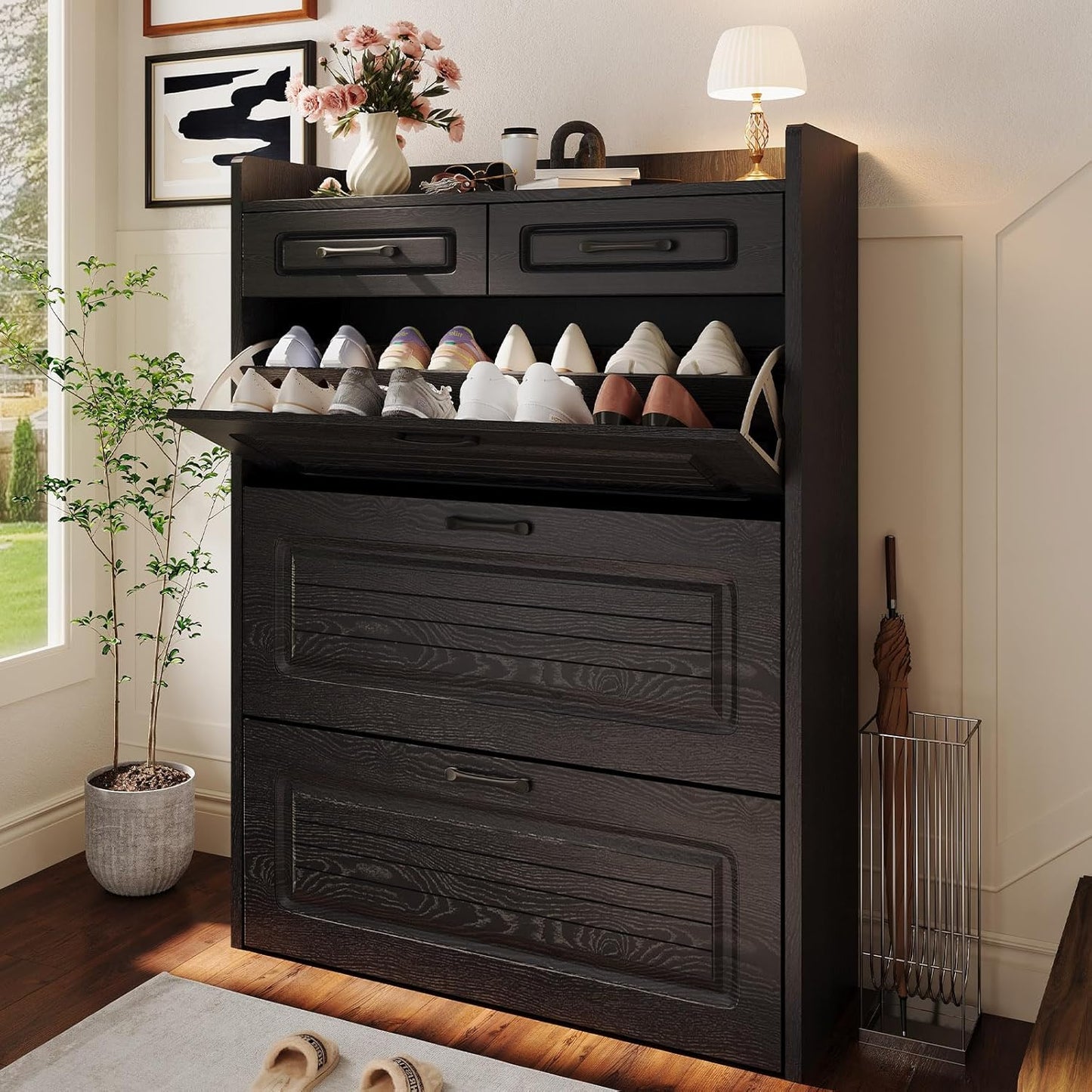 Shoe Cabinet With 3 Large Flip Drawers And 2 Storage Drawers, Narrow Shoe Organizer Cabinet Fits