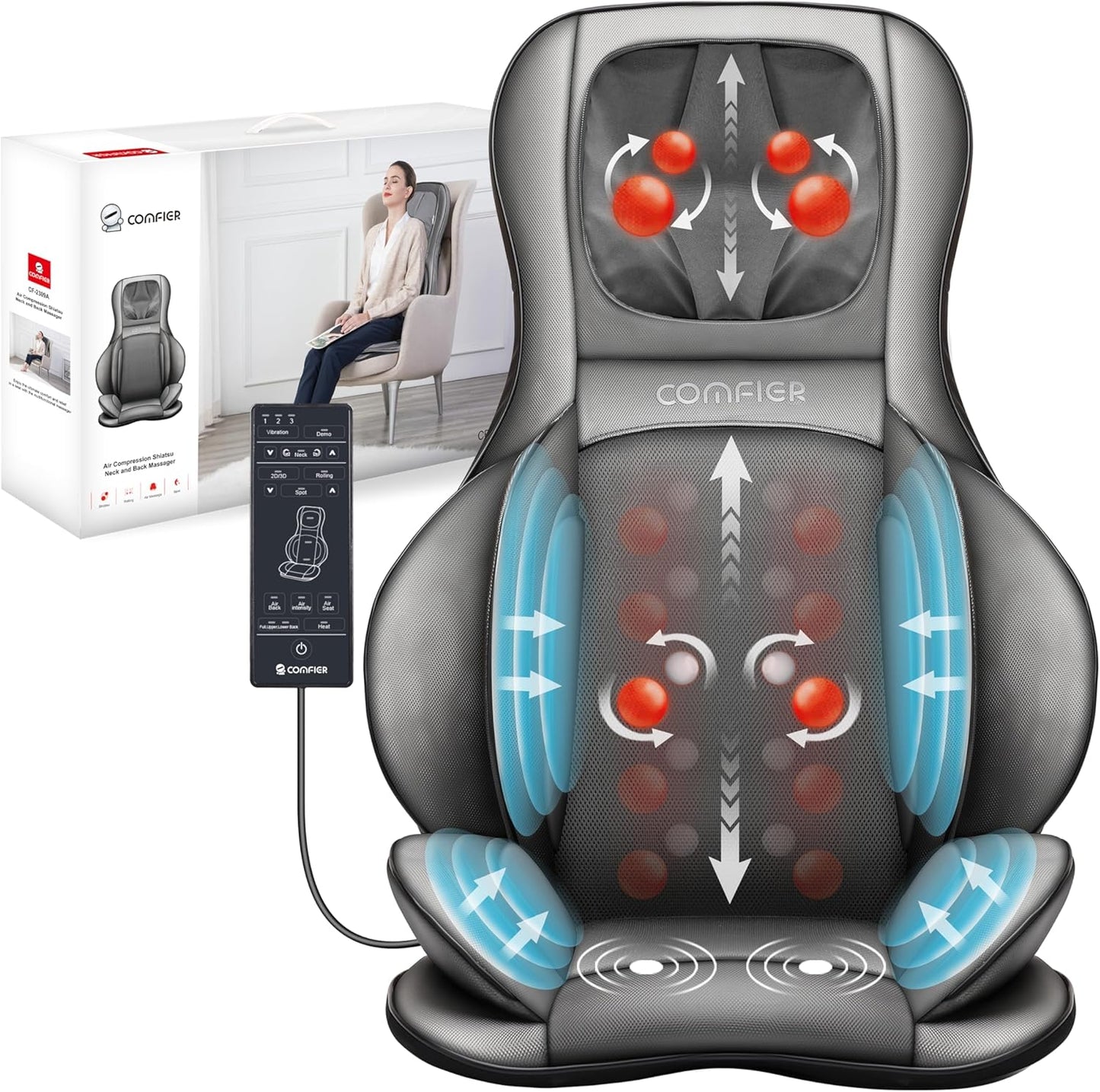 Comfier Massager Chair With Heat Shiatsu Neck Back Massager Portable With Compress And Rolling Massage Chair Pad For Full Back Neck And