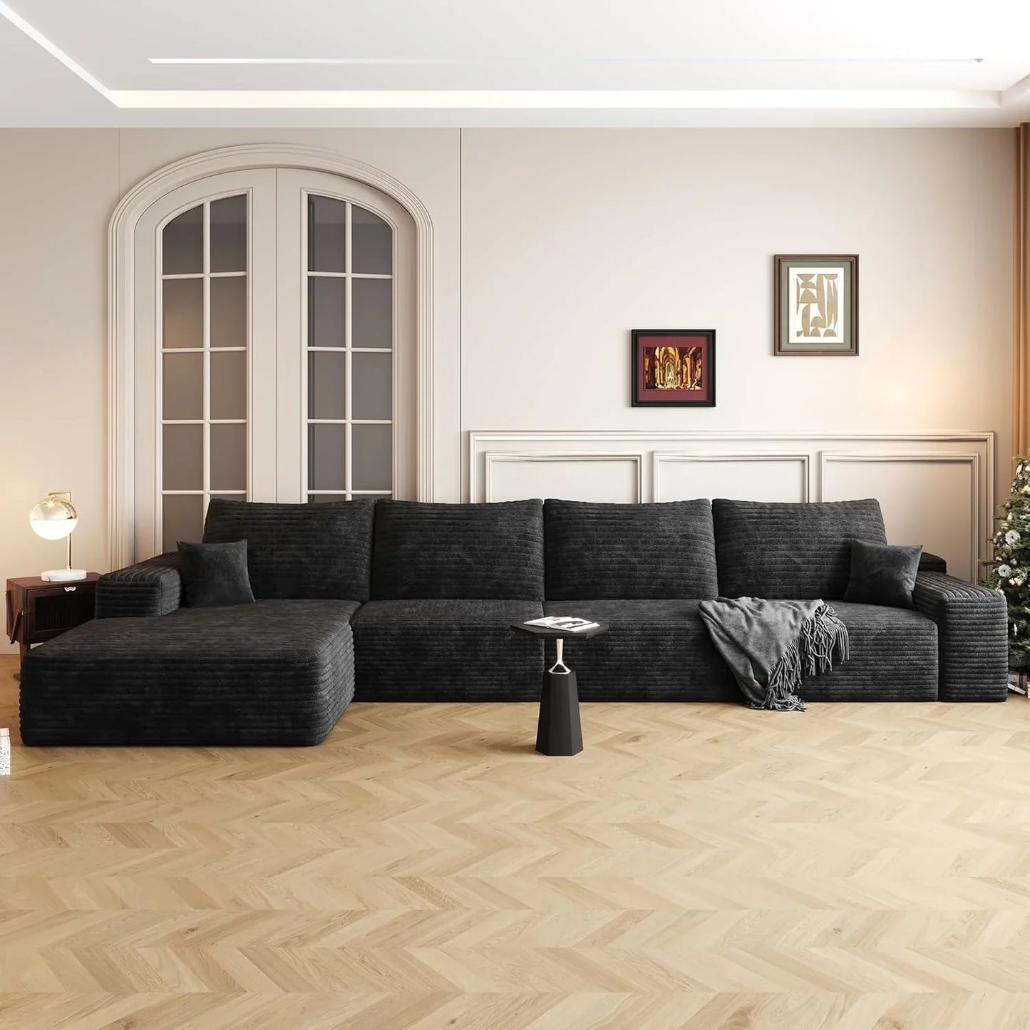 135 In. Oversized Compressed Sectional Sofa- 33D High-Density Foam Cloud Couch With Deep Seat- Minimalist 3-Piece Corduroy Upholstered Boneless