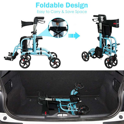 2-in-1 Rollator Walker Wheelchair Folding Medical Walker Aluminum Transport Chair Mobility Walking Aid- Comfortable And Ergonomic Design