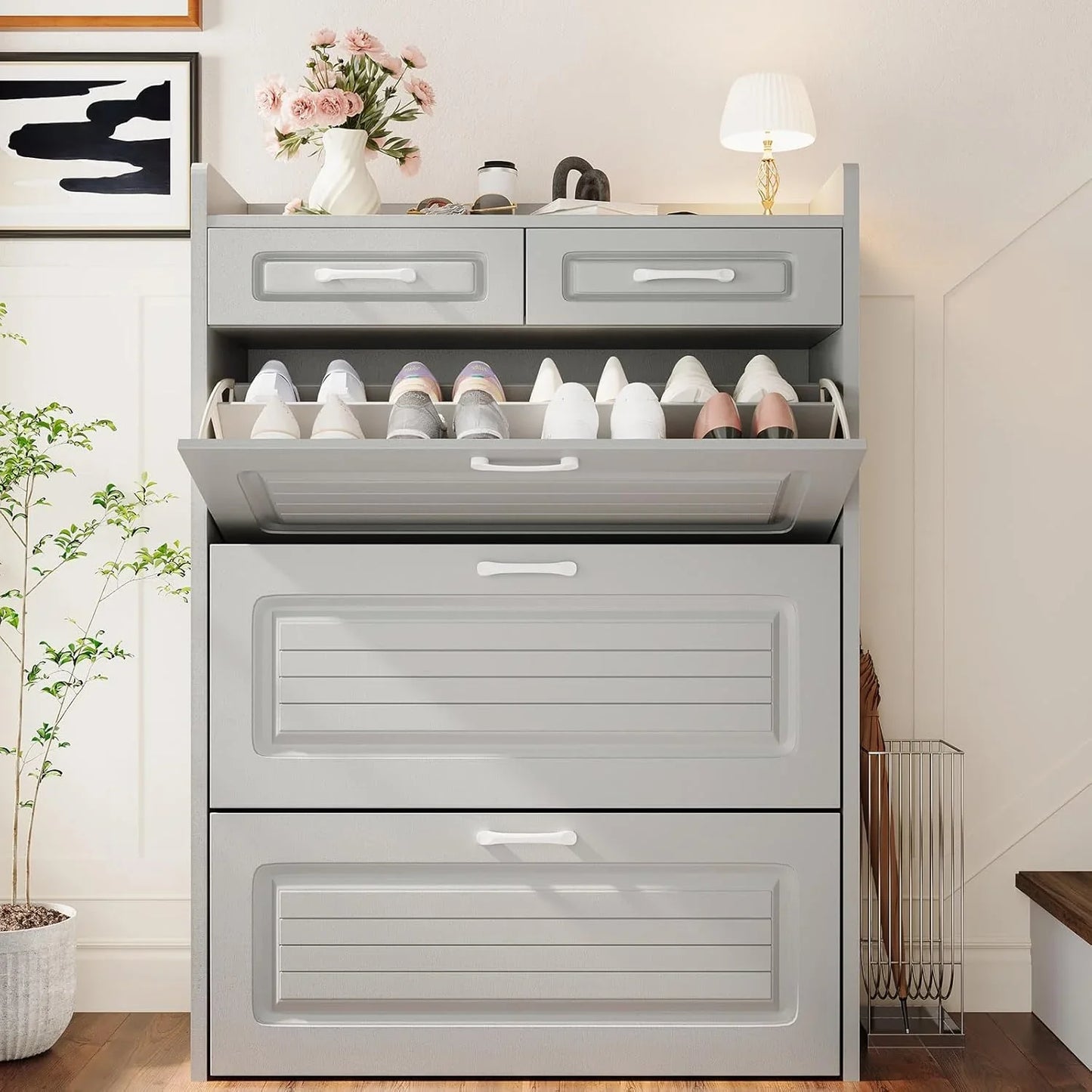 Shoe Cabinet With 3 Large Flip Drawers And 2 Storage Drawers, Narrow Shoe Organizer Cabinet Fits