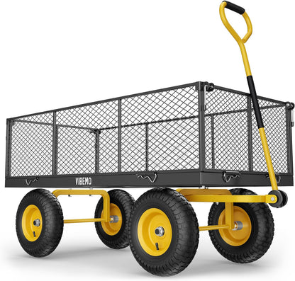 Steel Garden Cart 2-in-1 1400 Lbs Heavy Duty Utility Wagon With Removable Mesh Sides To Convert Into Flatbed 240 U-Turn 13 In. Pneumatic Tires