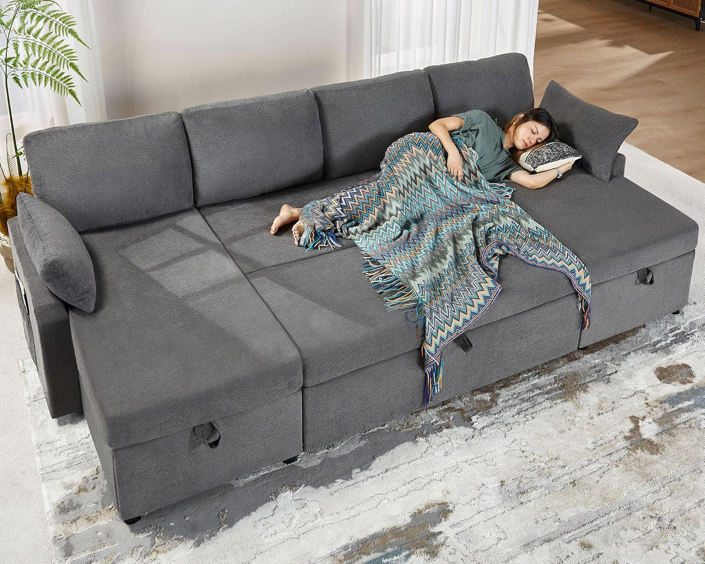 VanAcc Sofa Bed, Sleeper Sofa With Storage Chaise 2-in-1 Pull Out Couch Living Room