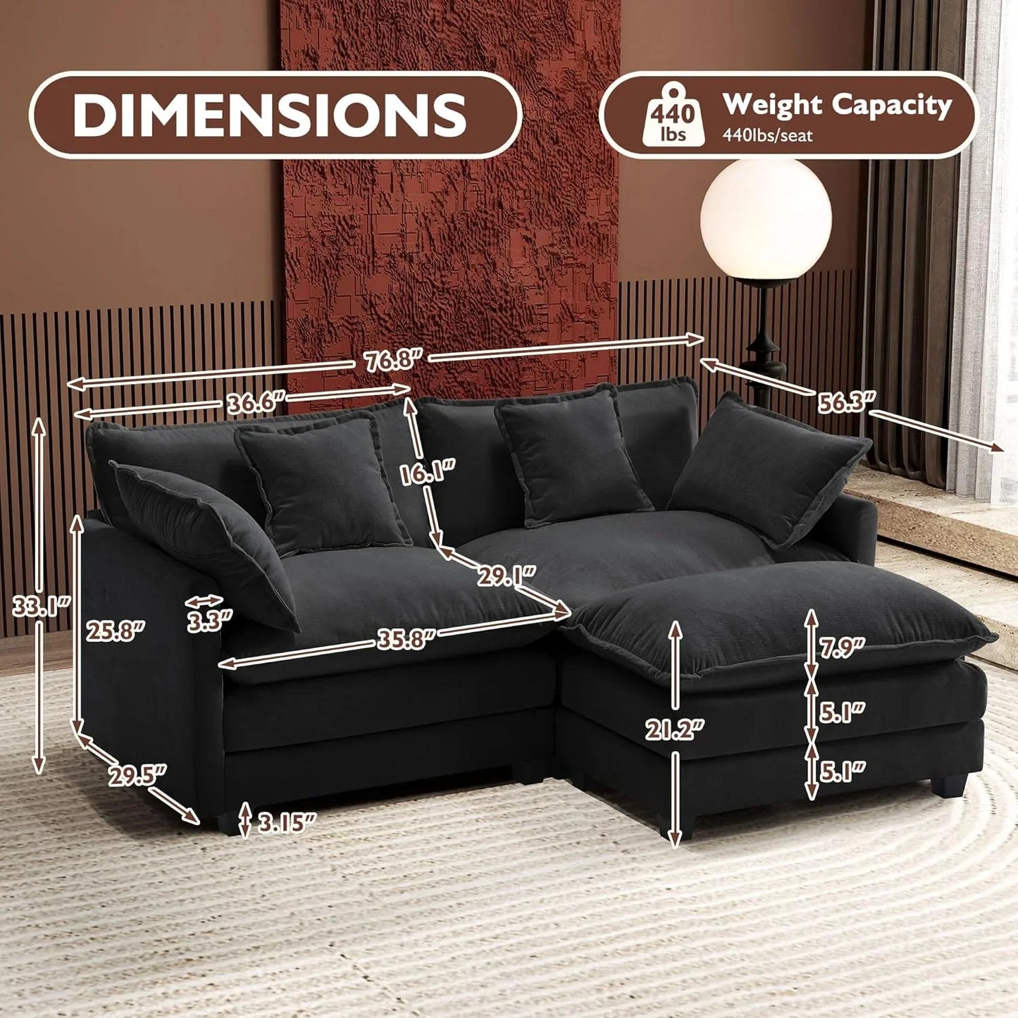 Ihanherry 146 In. U-Shaped Modern Sofa Modular Sectional Cloud Couch With 2 Ottoman