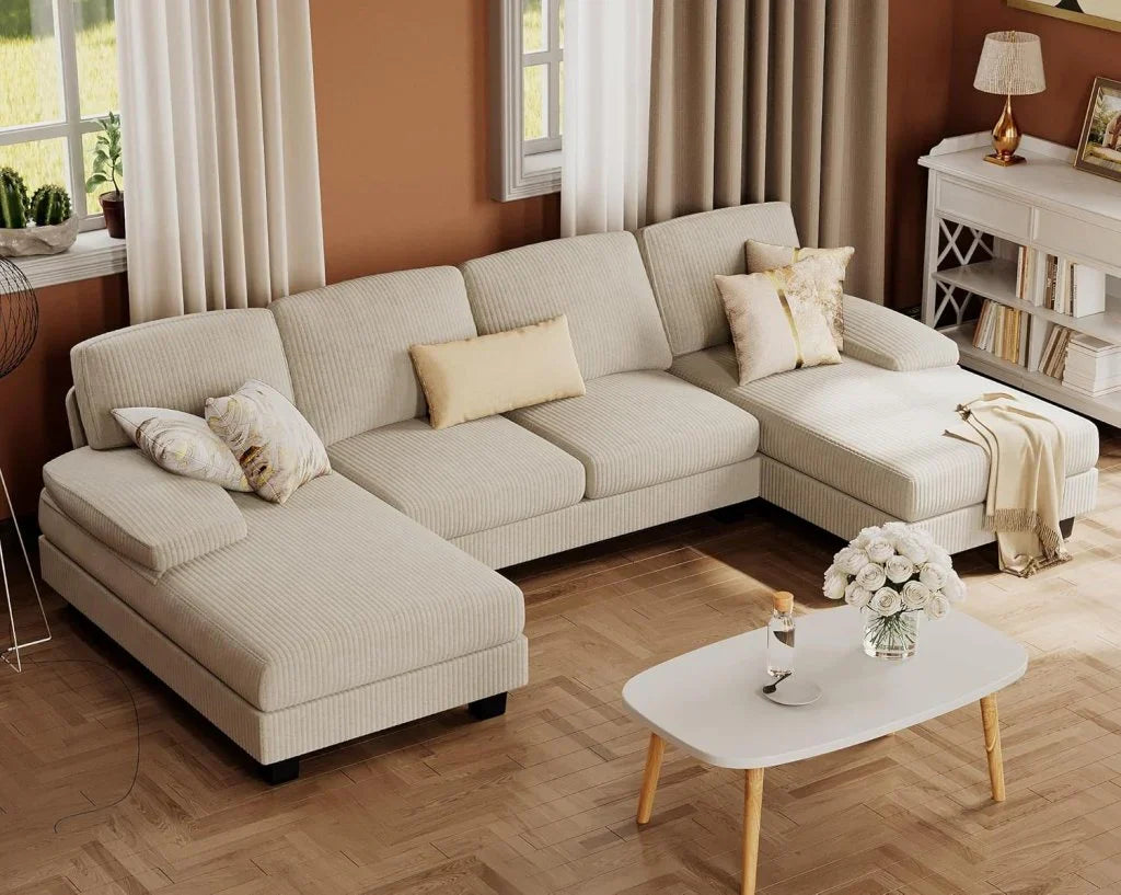 Furmax Sectional Couches For Living Room, U-Shaped Sofa Couch With Linen Fabric, 4 Seat Sofa Set With Double Chaise For Apartment, Fabric, Grey