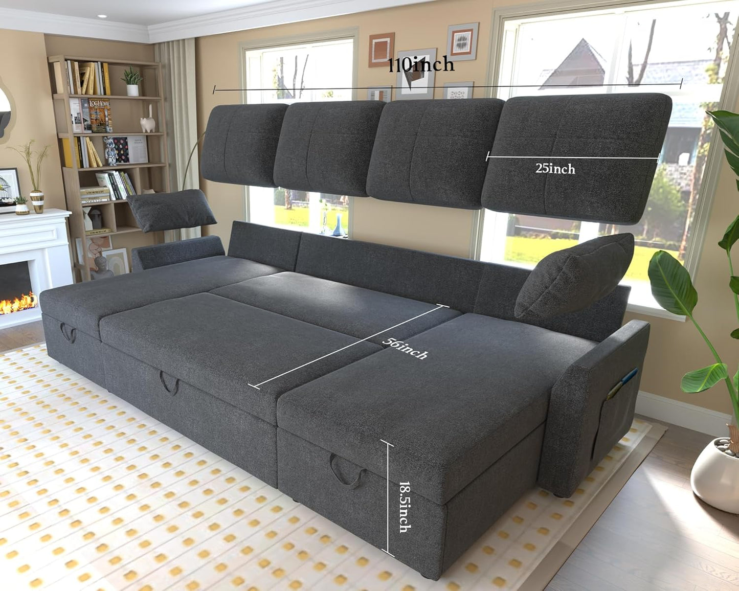 VanAcc Sofa Bed, Sleeper Sofa With Storage Chaise 2-in-1 Pull Out Couch Living Room