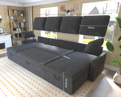 VanAcc Sofa Bed, Sleeper Sofa With Storage Chaise 2-in-1 Pull Out Couch Living Room