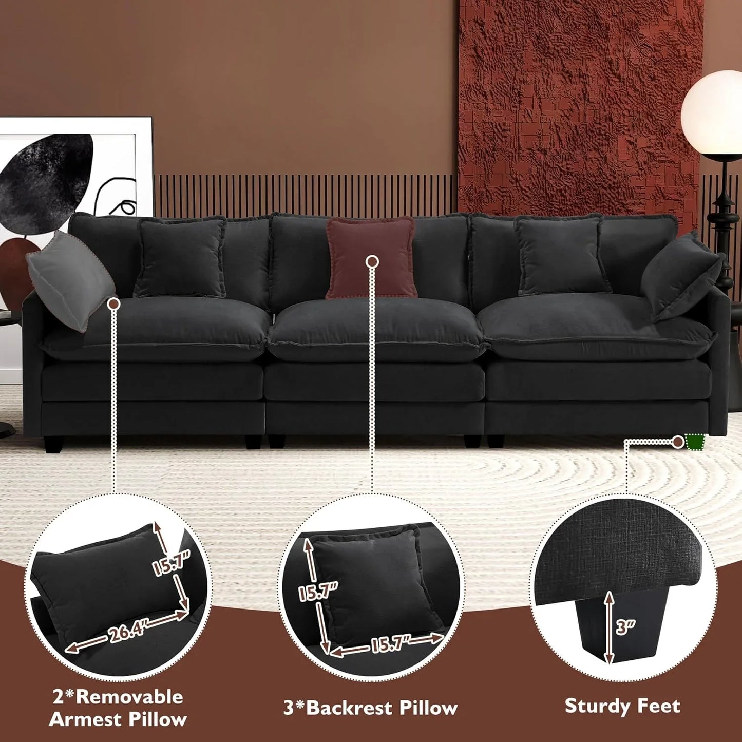 111.4 In. L-Shaped Modern Sofa Modular Cloud Sofa Ottoman 4-Seater Chenille Deep Seat Sofa