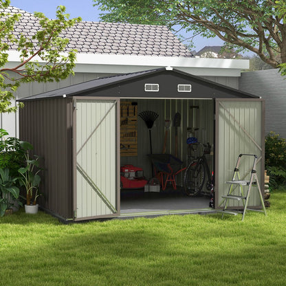 Patiowell 10 x 10 Ft. Metal Storage Shed, Sloping Roof, Double Lockable Doors, Galvanized Steel, Coffee Brown