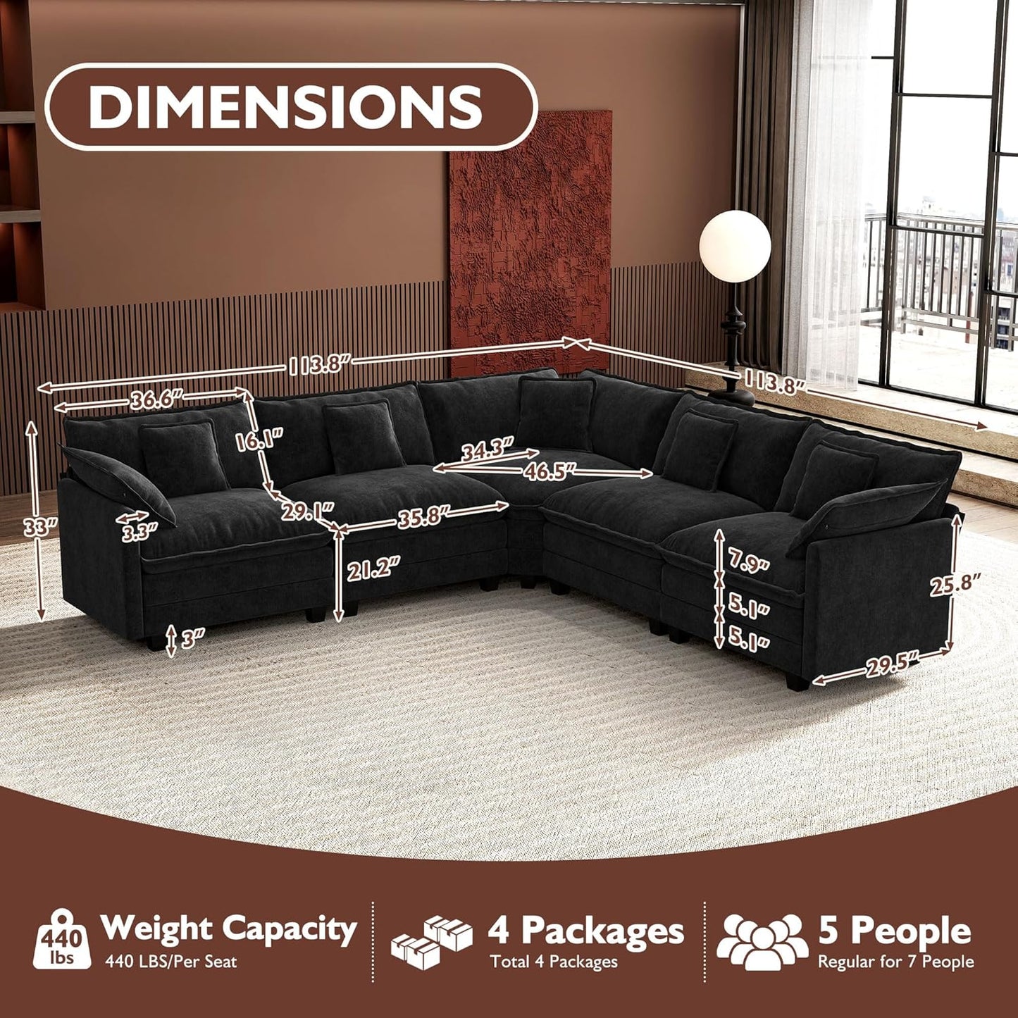 Ihanherry 146 In. U-Shaped Modern Sofa Modular Sectional Cloud Couch With 2 Ottoman
