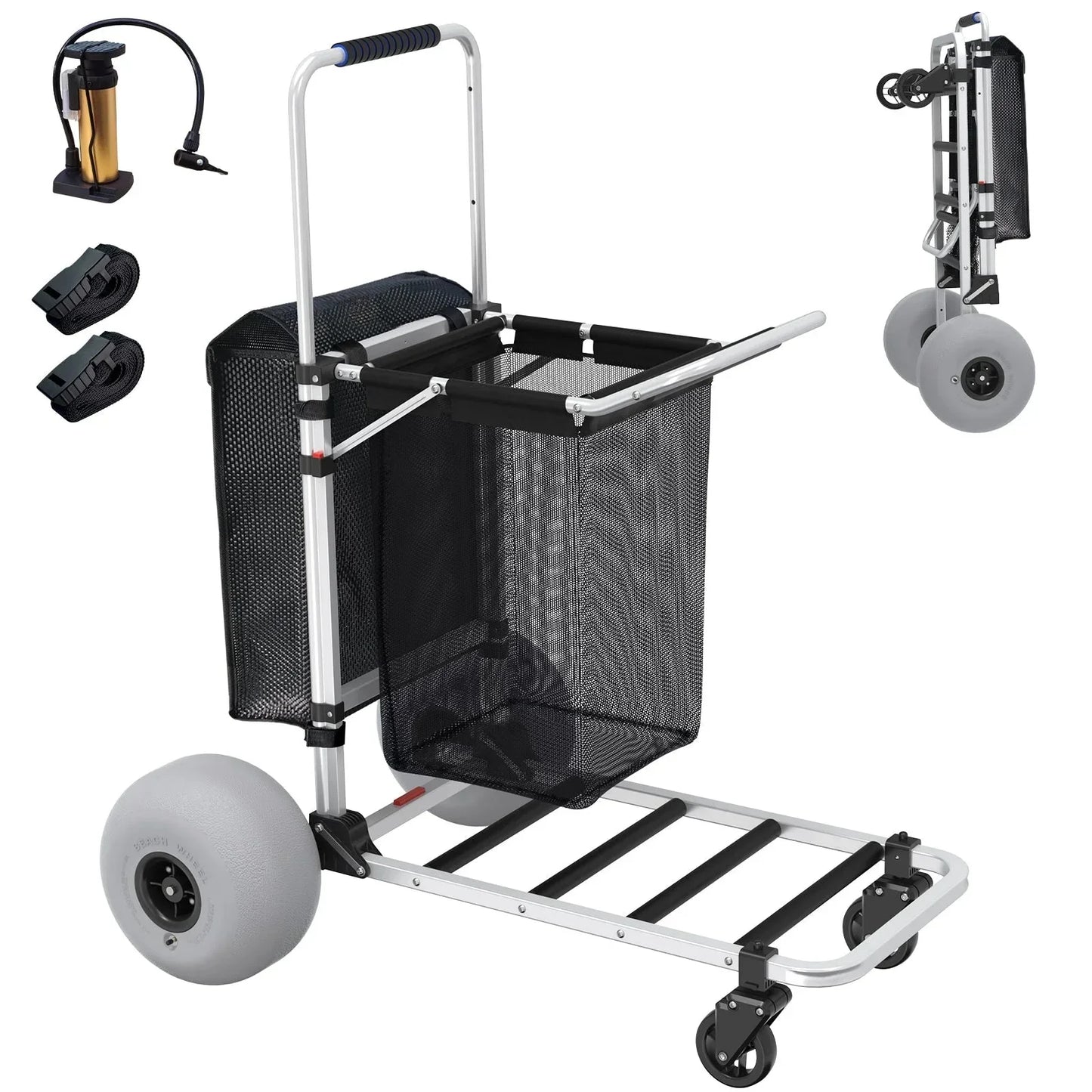 Foldable Beach Cart With Adjustable Handle And 12 In. Balloon Wheels, Heavy Duty Aluminum 220lbs Capacity