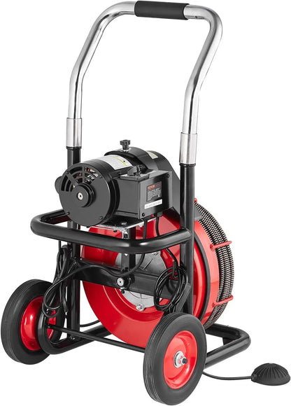 Drain Cleaner Machine 100 Ft. x 1/2 In, Auto Feed Sewer Snake Auger On Wheels