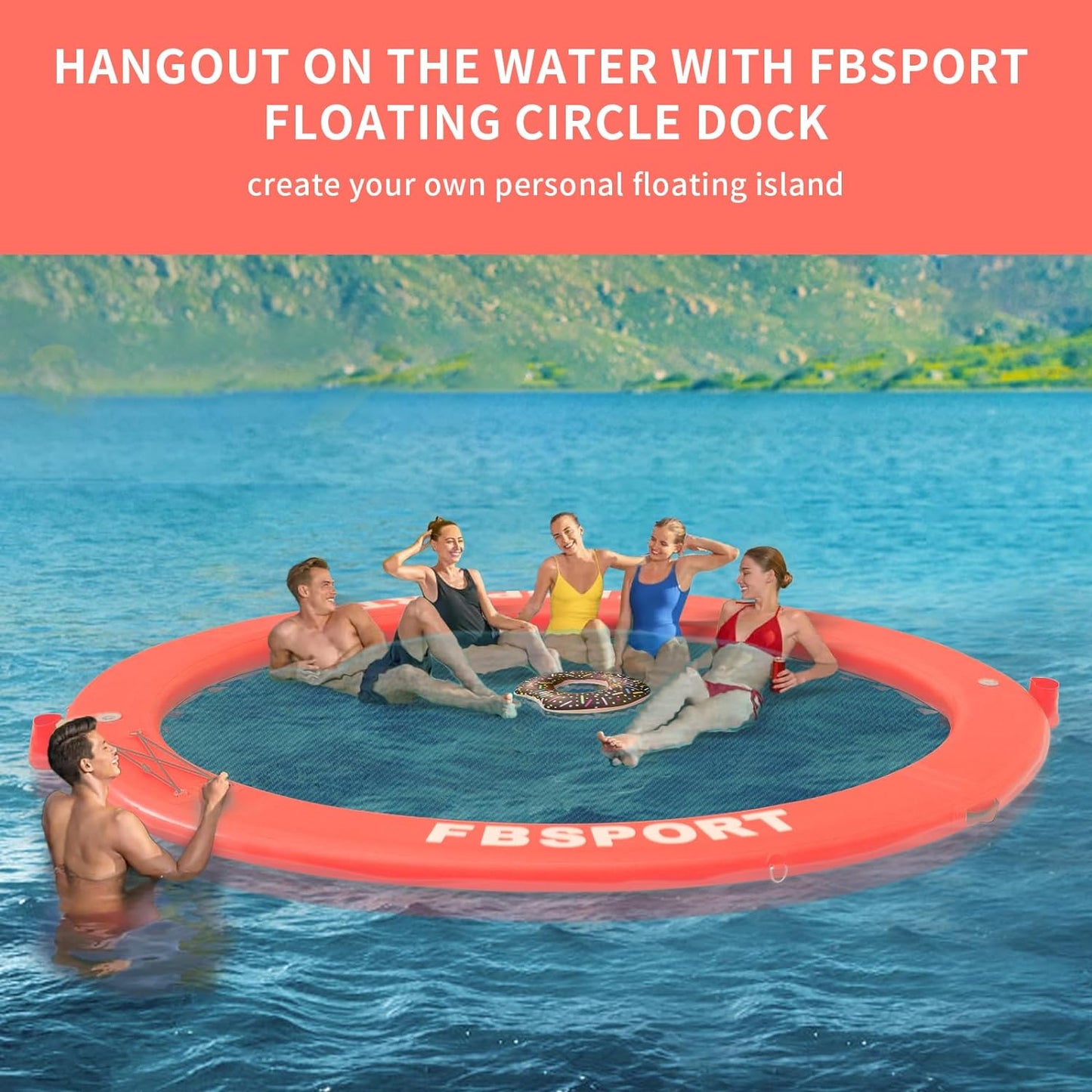 Inflatable Dock Floating Platform 8 Ft. Inflatable Water Hammock Floating Deck For Lake With Cupholder Round Floating Ring Float Ring Pool Float