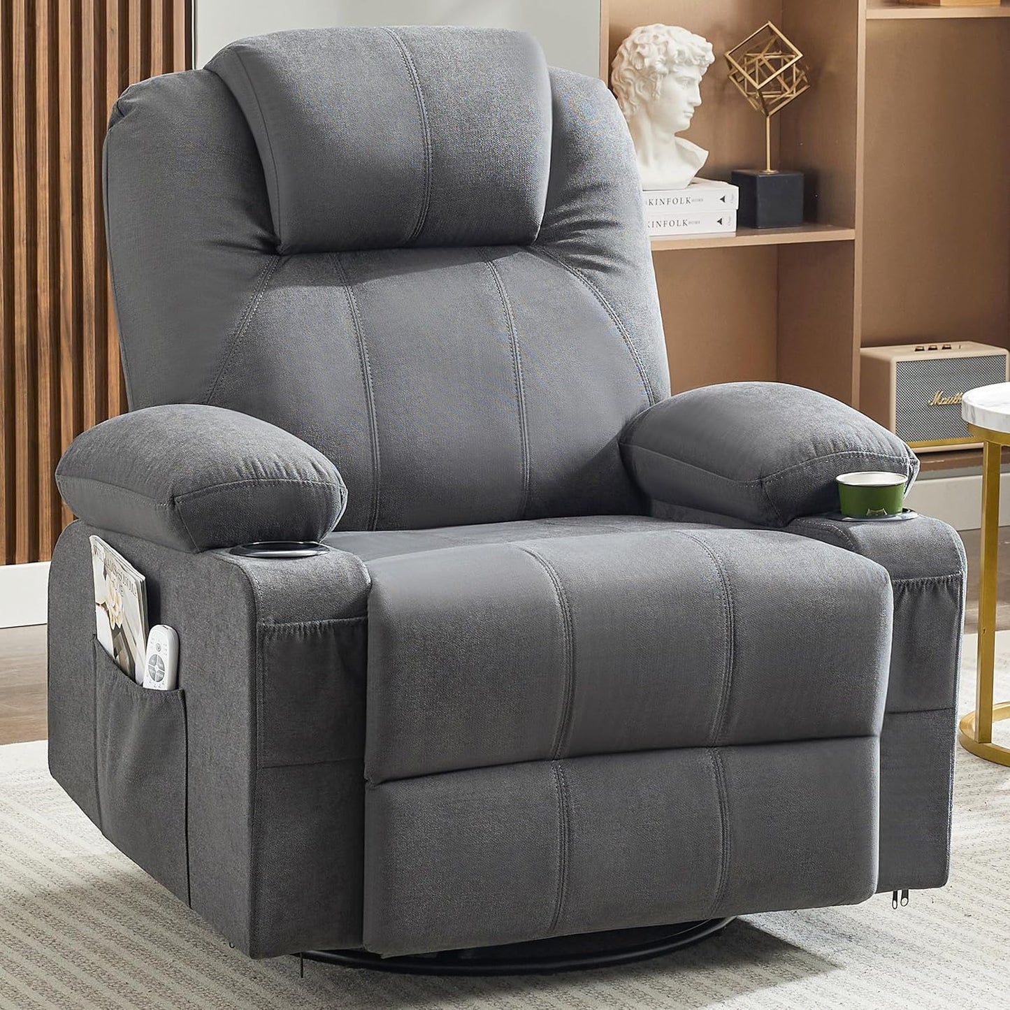 Oversized Swivel Rocker Recliner Chair With Heat And Massage, 360 Degree Swivel Rocking Single Sofa With Cup Holders And USB Port