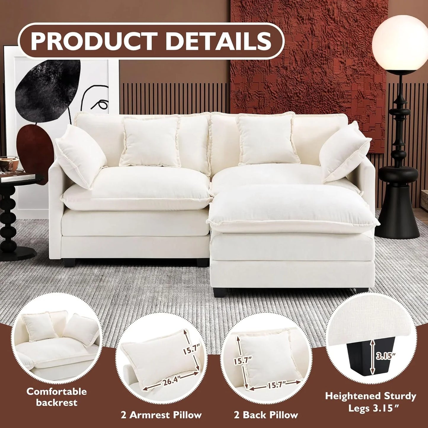 111.4 In. L-Shaped Modern Sofa Modular Cloud Sofa Ottoman 4-Seater Chenille Deep Seat Sofa