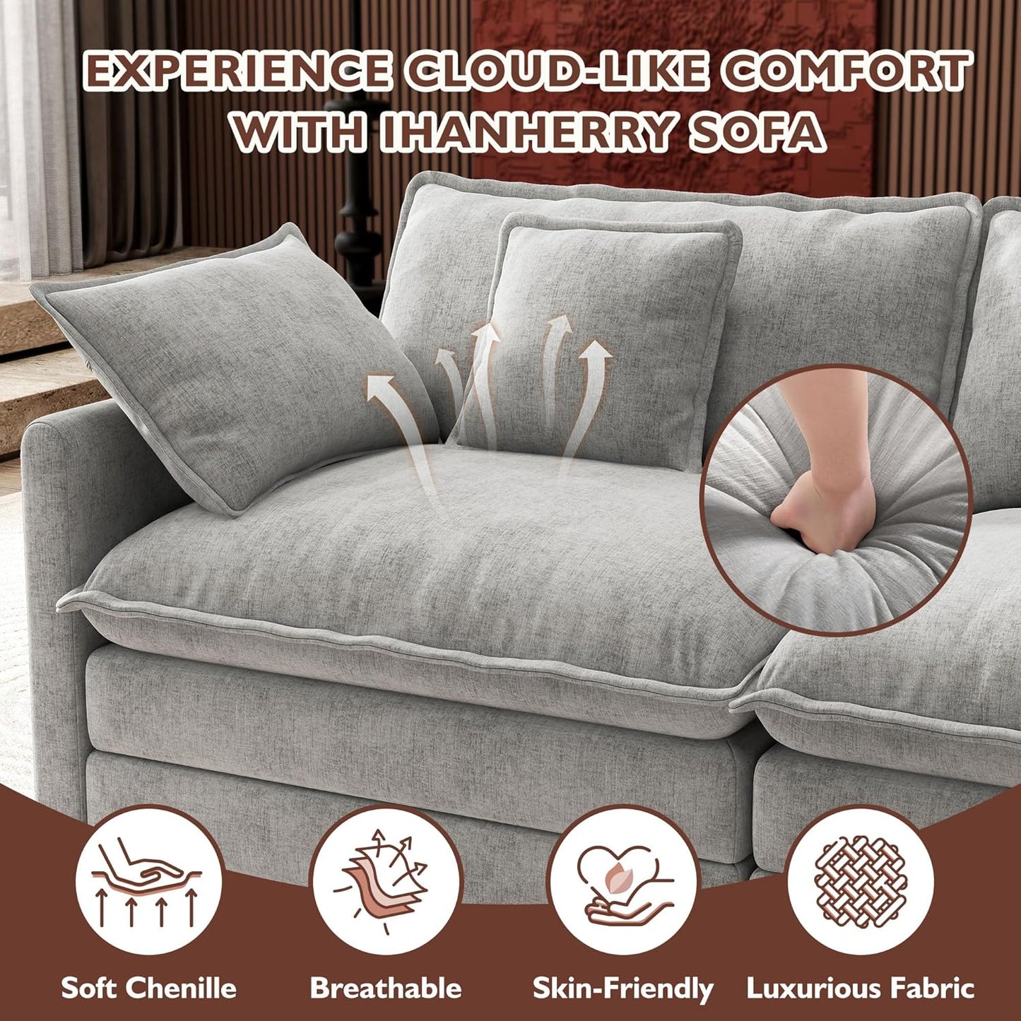 Ihanherry 146 In. U-Shaped Modern Sofa Modular Sectional Cloud Couch With 2 Ottoman