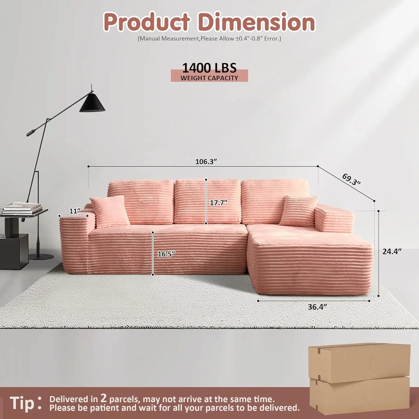 Ovios 104 In. Cloud Sectional Couch With L-Shape Chaise, Modern Modular Sofa With Deep Seat, Upholstered Couches For Living Room Bedroom