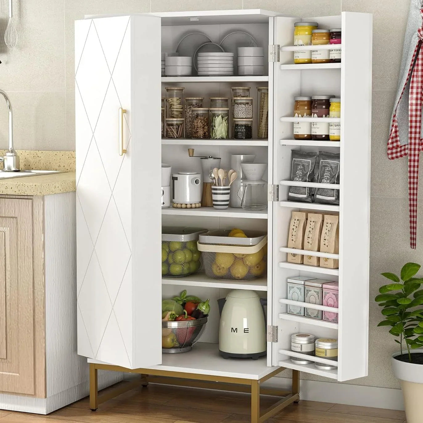 47 Pantry Cabinet, Kitchen Pantry Storage Cabinet With Doors And Adjustable Shelves