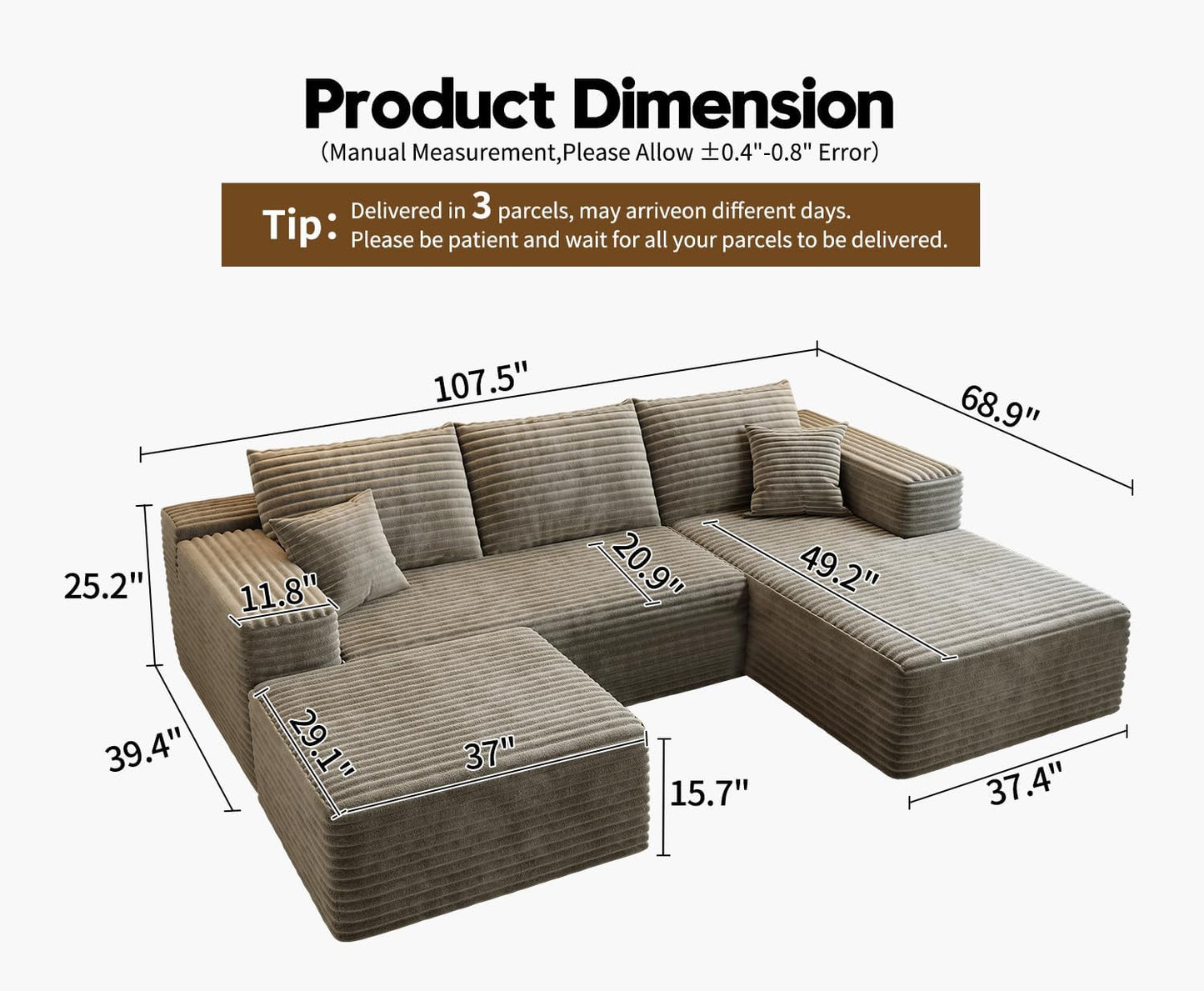 107.5 In. Cloud Modular Sectional Sofa Couch With L-Shape Chaise, Modern Minimalist Upholstered Couches For Living Room Bedroom