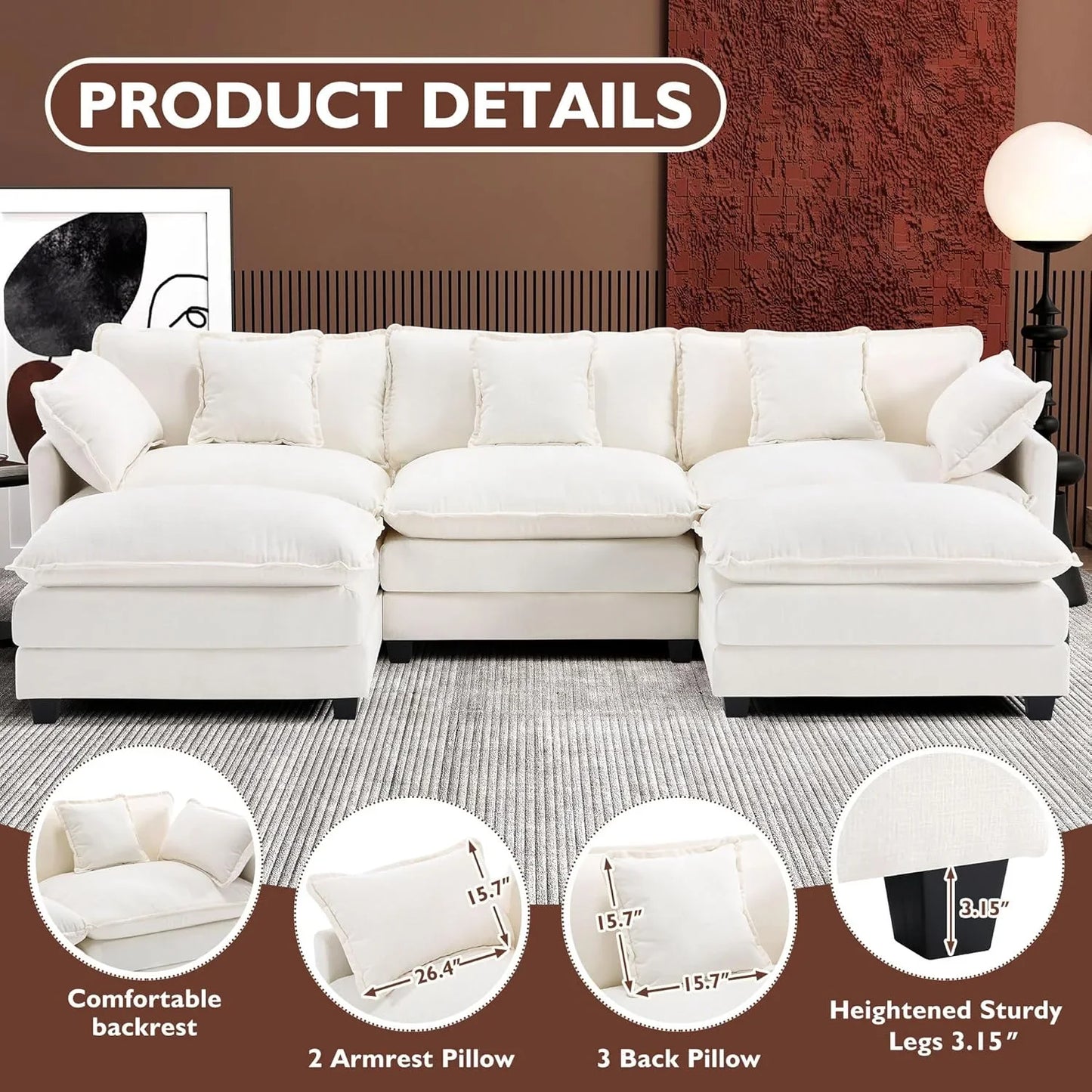 111.4 In. L-Shaped Modern Sofa Modular Cloud Sofa Ottoman 4-Seater Chenille Deep Seat Sofa