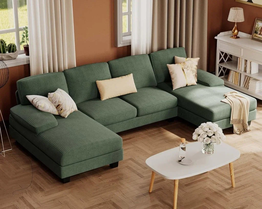 Furmax Sectional Couches For Living Room, U-Shaped Sofa Couch With Linen Fabric, 4 Seat Sofa Set With Double Chaise For Apartment, Fabric, Grey