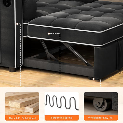 Pipishell 3-in-1 Convertible Sleeper Sofa Bed, Pull Out Couch For Living Room With USB Ports And Side Pockets, Adjustable Backrest, Velvet