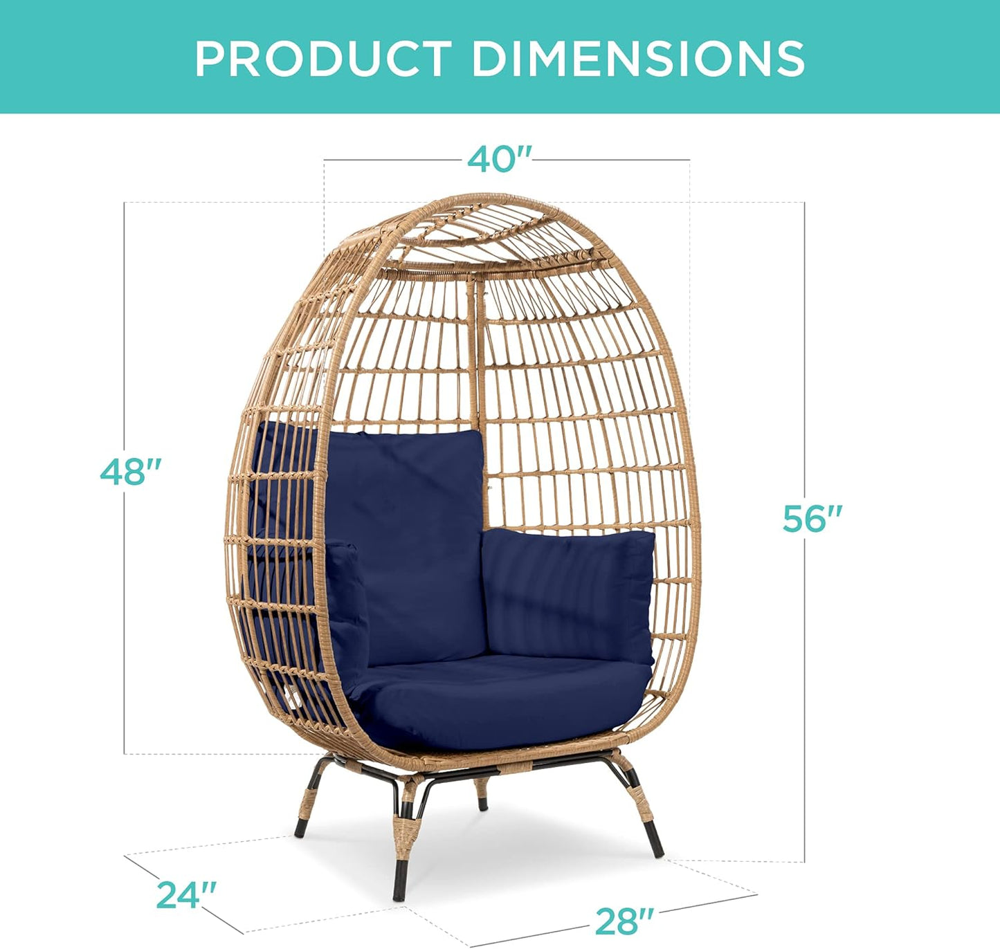 Best Choice Products Wicker Egg Chair Oversized Indoor Outdoor Lounger For Patio Backyard Living Room W/4 Cushions Steel Frame 440lb Capacity- Ivory