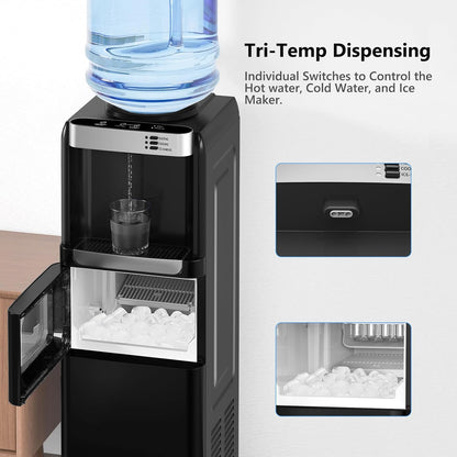 Top Loading Water Dispenser With Ice Maker, Hot And Cold, 5 Gallon, Child Lock, Black