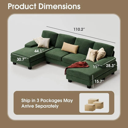 Furmax Sectional Couches For Living Room, U-Shaped Sofa Couch With Linen Fabric, 4 Seat Sofa Set With Double Chaise For Apartment, Fabric, Grey