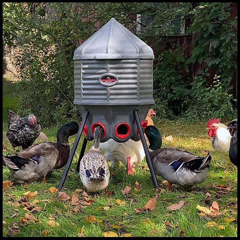 80lb Poultry Feeder, Adjustable Height, UV Stable, Weather Resistant, 8 Ports, Made In Usa