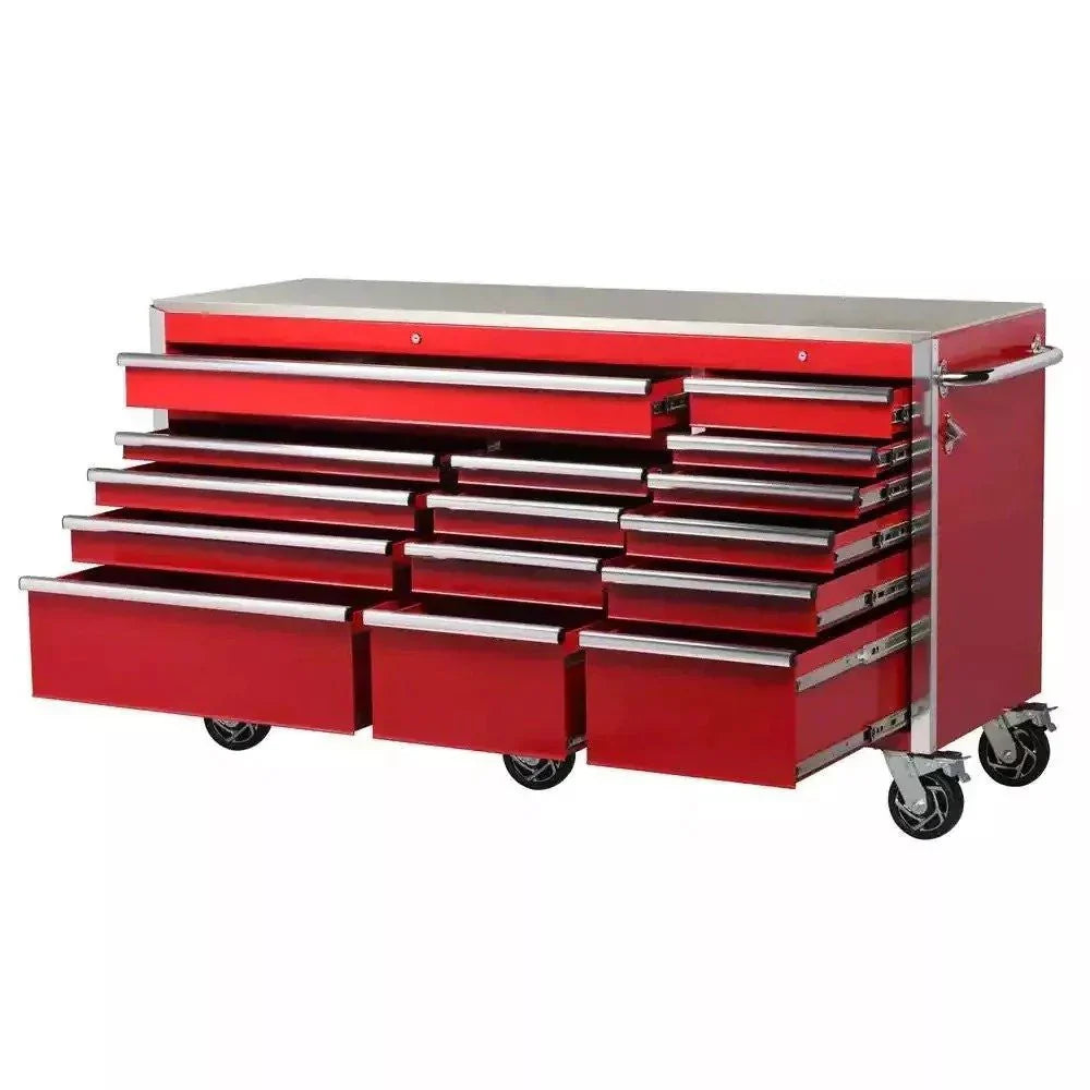 Husky Heavy-Duty 72 In. W x 24 In. D 15-Drawer Tool Chest Mobile Workbench With Stainless Steel Top And Dual Locks In Red