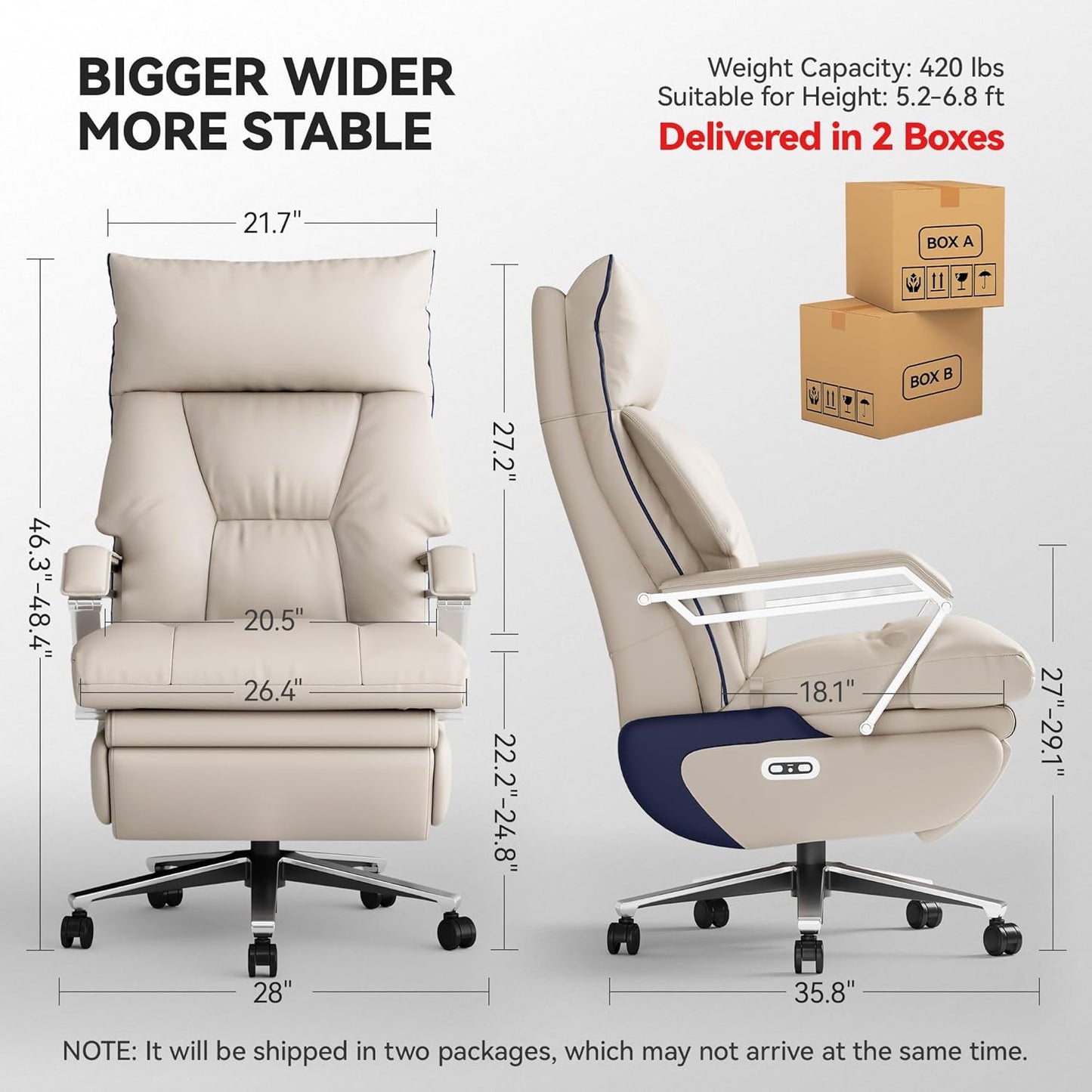 M80 Dual Motor Executive Office Chair With Footrest, Big And Tall, 420lbs, Beige