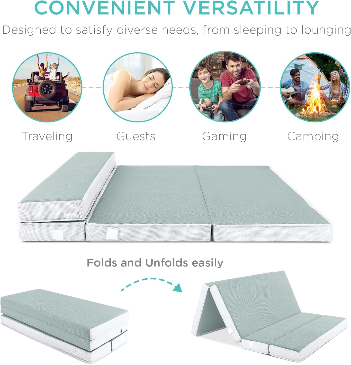 Best Choice Products 4 In. Portable Queen-Size Mattress, Tri-Fold Mattress For Camping, Guest, Toddler, Foam Plush w/Carry Case- Grey