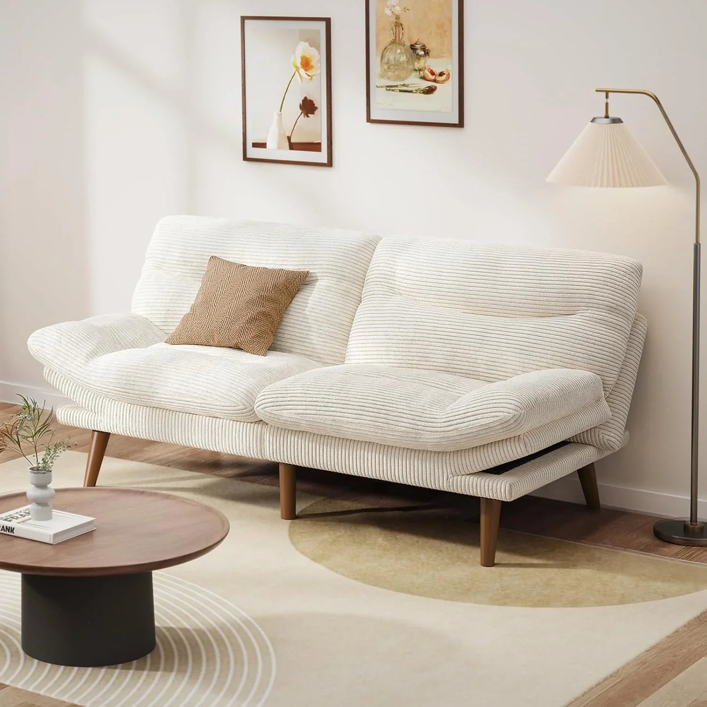 Pipishell Convertible Futon Sofa Bed, 66 In. Corduroy Futon Couch With Adjustable Backrest And Armrests, Recliner Sleeper Sofa For Small Spaces