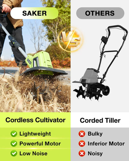 Saker 22V Cordless Electric Garden Tiller Cultivator, Lightweight Rototiller For Gardening, 9-Inch Tilling Width