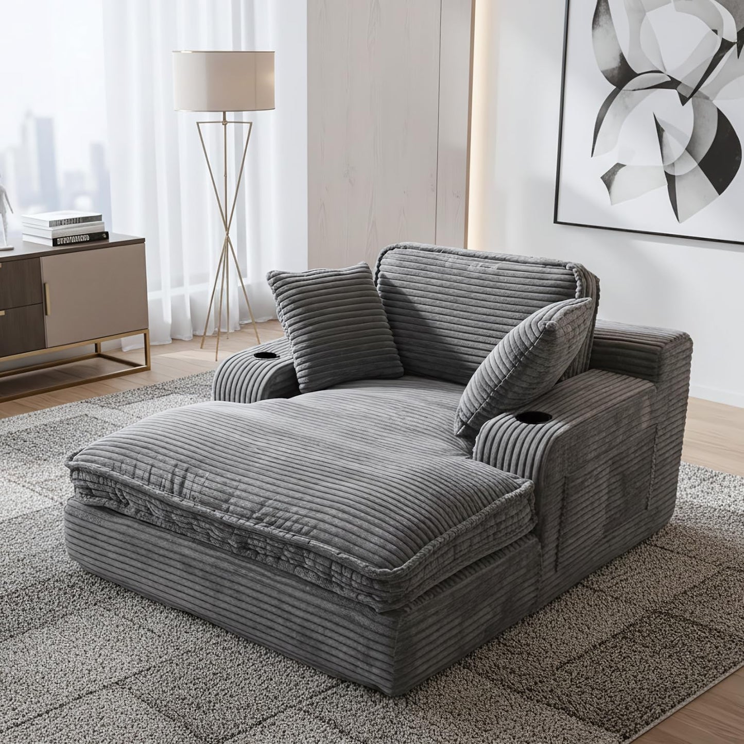 67 In. Oversized Chaise Lounge Chair Indoor Soft Boneless Cloud Couch With 3 Pillows 4 Side Pockets