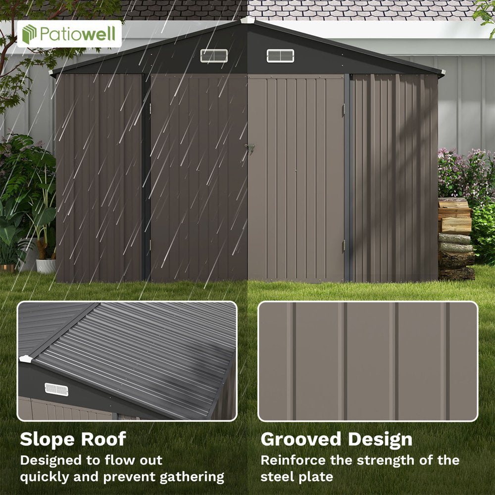 Patiowell 10 x 10 Ft. Metal Storage Shed, Sloping Roof, Double Lockable Doors, Galvanized Steel, Coffee Brown