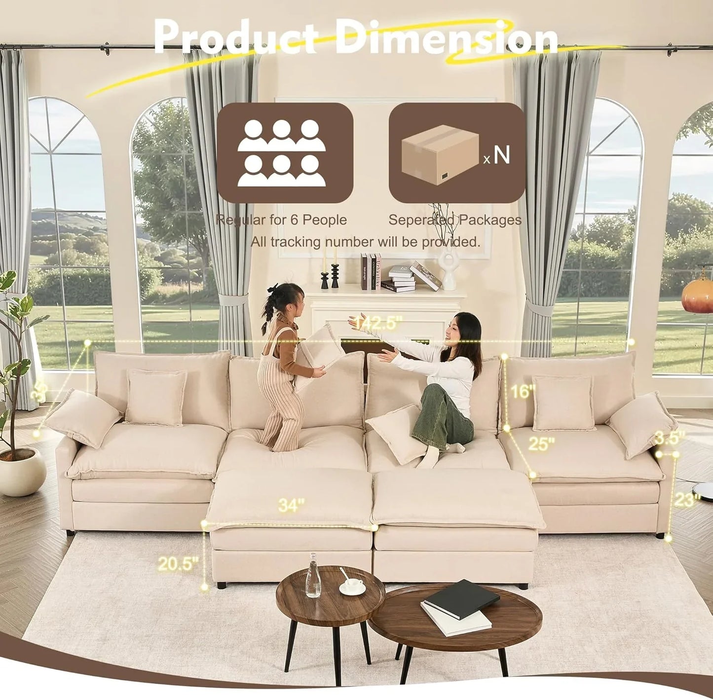 108 In. U Shape Sofa Sectional Sofa Comfortable Cloud Sofa With Removable Footstool
