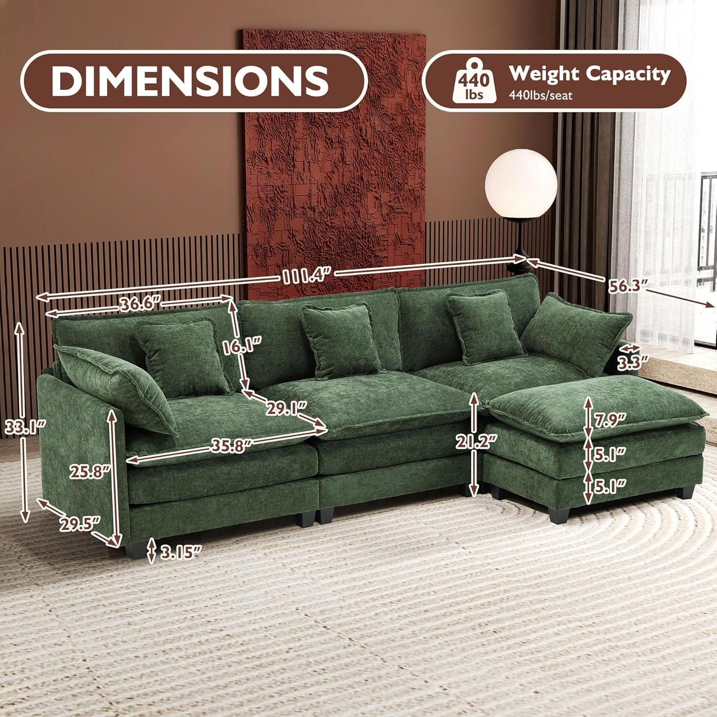 Ihanherry 146 In. U-Shaped Modern Sofa Modular Sectional Cloud Couch With 2 Ottoman